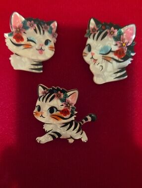 Cute Floral White Cat Acrylic Brooch  Set - Accessory